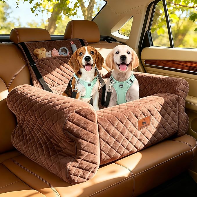 Dog Car Seat for Medium/Large Dogs up to 60 lbs, Memory Foam Dog Booster Seat with Thick Cushion, Pet Car Seat for Back with Detachable Washable Cover, Storage Pockets for SUV, Pick Up, Trunk, Brown