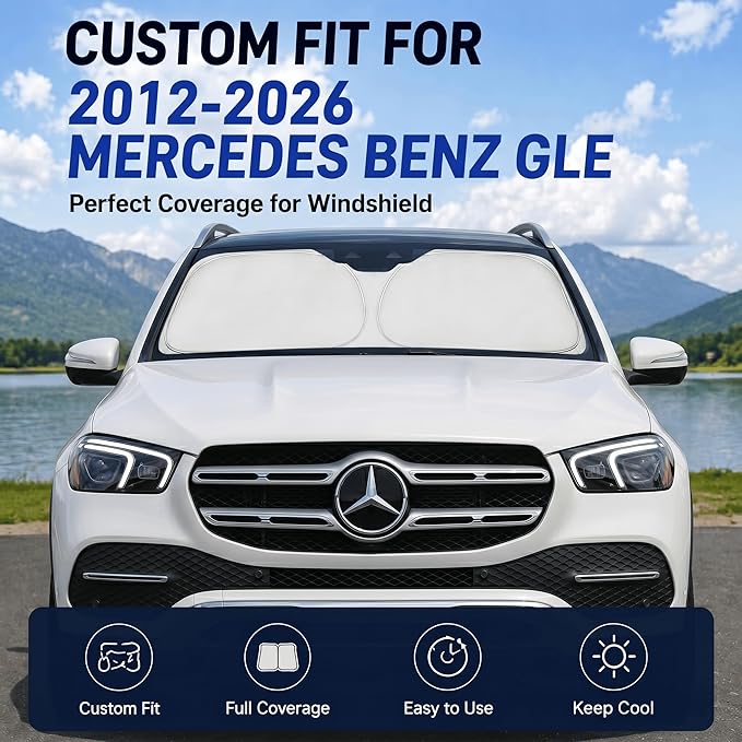 Custom Fit Windshield Sun Shade for Mercedes Benz GLE 350 450 2012-2026 | Custom Fit Windshield Cover, Blocks UV Rays, Double-Layer Heat Shield, Durable Frame, Easy Fold & Storage