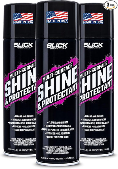 Slick Products Shine & Protectant Spray 17.35 FL OZ. - High Gloss Clear Coating Renew Vinyl, Plastic, Rubber, Trim, Tire, Car, Truck, Motorcycle, Dirt Bike (3-Pack)
