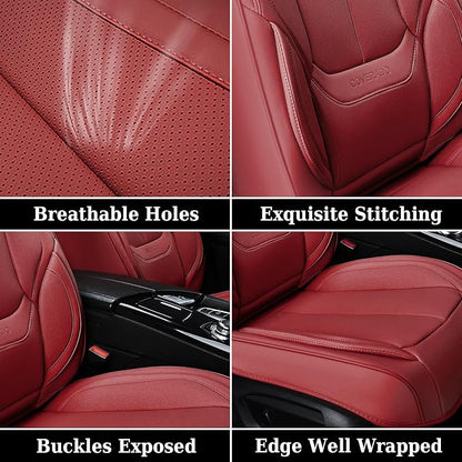 Coverado Universal Seat Covers Full Set, Universal Seat Covers for Cars, Waterproof Nappa Leather Car Seat Covers with Head Pillow, 5 Seats Auto Protectors Fit for Most Sedans SUV Pick-up Truck-Red