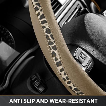 Road Comforts Steering Wheel Cover - Flat Bottom Wheel Cover Made with PVC Leather and Leopard Fabric - Universal Fit for 15-Inch D-Shaped Automotive Steering Wheels (Beige Color)