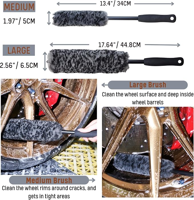 oesee Refined Long Handle Car Wheel Brush Arsenal, Soft Wheel and Rim Brush,Tire Brush, Bendable & Durable Car Wheel Rim Cleaner Brush Set for Cleaning Wheel and Tire, Large, Grey & Black
