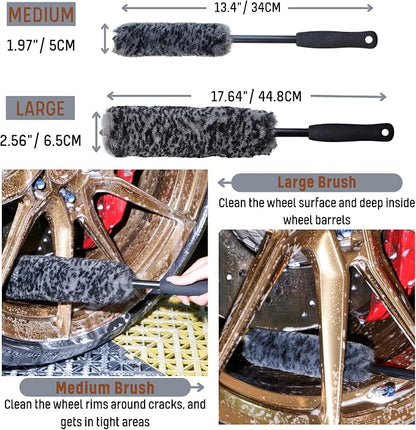 oesee Refined Long Handle Car Wheel Brush Arsenal, Soft Wheel and Rim Brush,Tire Brush, Bendable & Durable Car Wheel Rim Cleaner Brush Set for Cleaning Wheel and Tire, Large, Grey & Black