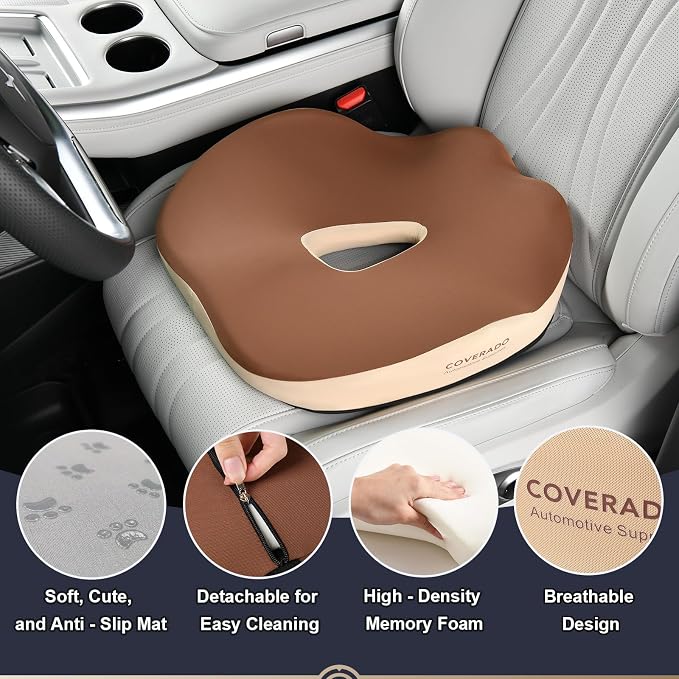 Coverado Seat Cushion Pillow for Car Office Chair, Ergonomic Memory Foam Desk Chair Cushion Back Support Pillow, Sciatica & Back & Tailbone Pain Relief Cushion