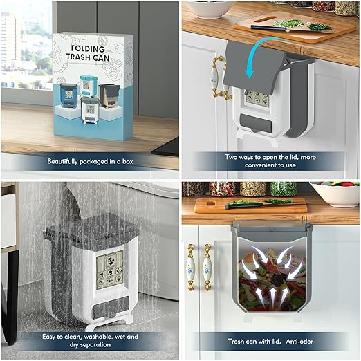 HI NINGER Small Compost Bin with Lid for Counter Top or Under Sink,Hanging Trash can,Foldable Kitchen Trash can 2.4 Gallon for Cabinet/Car Trash Can with Lid/RV/Bathroom/Camping