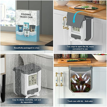 HI NINGER Small Compost Bin with Lid for Counter Top or Under Sink,Hanging Trash can,Foldable Kitchen Trash can 2.4 Gallon for Cabinet/Car Trash Can with Lid/RV/Bathroom/Camping