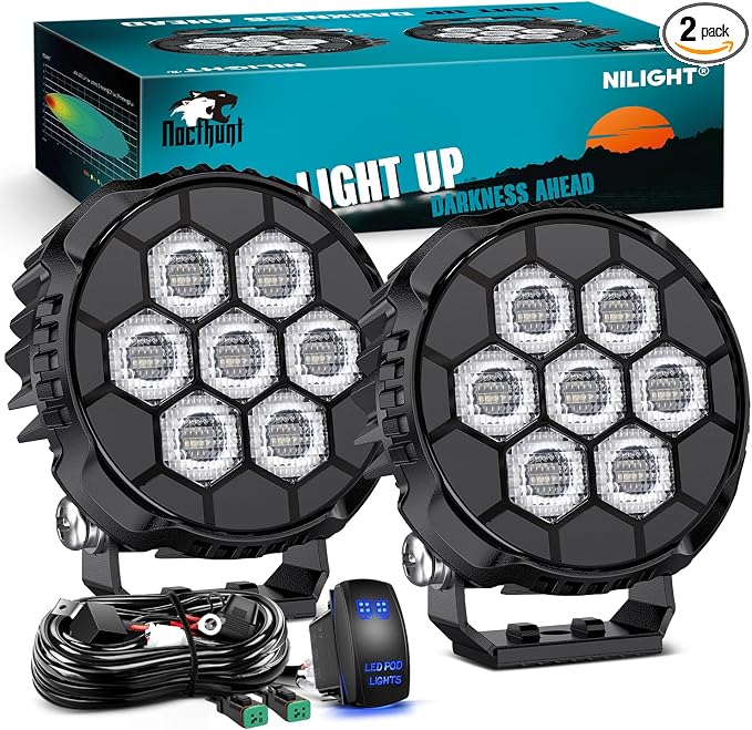 Nilight LED Pod Light 2 PCS 4.1 Inch 45 W 9 LED Round Hyper Flood Beam Offroad Driving Lights w/16 AWG Rocker Switch Wiring Harness Kit for Truck Motorbike Boat ATV UTV
