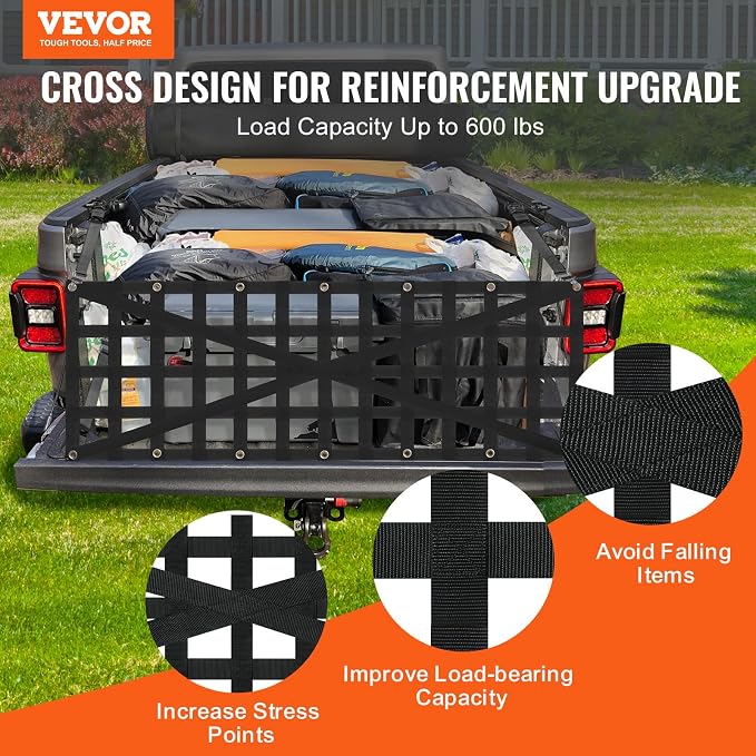 VEVOR Tailgate Net for Truck Bed, 54 in x 18 in, Cargo Net Durable with 4 Adjustable Buckle Straps, Cross-Reinforced Design, Extendable & Durable, Suitable for Truck, Trailer, Pickup, Boat, Jeep, SUV