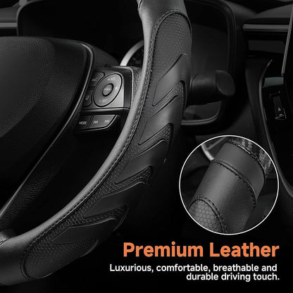 West Llama Carbon Fiber Leather Steering Wheel Cover with Anti-Slip Grip, 3D Textured Design, 14.5-15 Inch Car Steering Wheel Cover, Durable Interior Accessory（Standard Size-Black