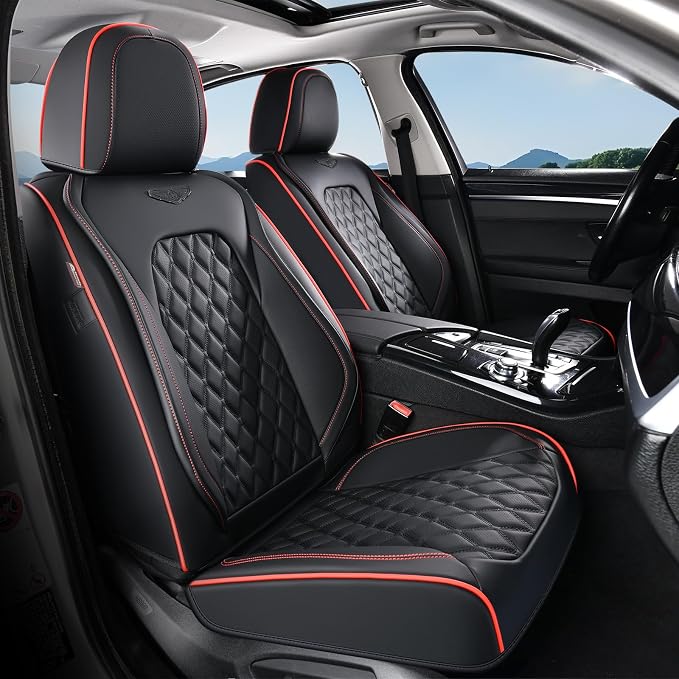 Coverado Front Seat Covers, Wear-Resistant Stain-Proof Cushions, Universal Fit for Most Vehicles, Waterproof Car Seat Protectors, Automotive Seat Covers-Red & Black Line Design