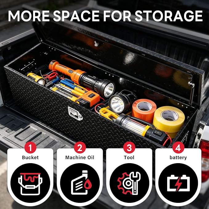 FORWODE 48 Inch Aluminum Truck Tool Box Lockable Truck Bed Tool Box Waterproof Truck Bed Storage Box with Gas Struts & Side Handle Truck Tool Chest for Pickup, Truck Bed, RV, Trailer & Garage (Black)