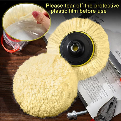 Tallew 6 Pcs 3 Inch Wool Buffing Polishing Pads Hook Loop Cutting Pads with Backing Plate for Car, Boat, Wood, Marble Surface Polishing & Scratch Removal (Original Color)