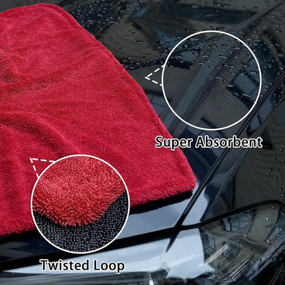 Greenfound 1000GSM Car Drying Towel 18"x24", Edgeless Double Twist Pile, Ultra Absorbent Microfiber Towel, Scratch-Free Lint-Free Streak-Free for Auto Detailing & Car Wash – Red&Grey
