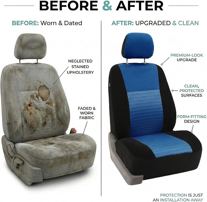 FH Group Universal Car Seat Covers Front Set for SUV Truck Sedan Vans | 3D Textured Breathable Fabric Seat Cover Set Protector with Airbag Compatible Interior Upgrade - Blue