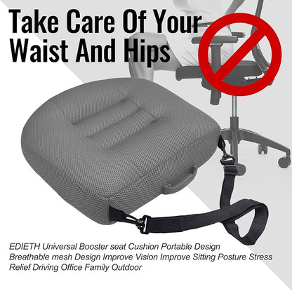 Universal Booster Seat Cushion with Adjustable Height, Breathable Mesh Portable Design with Straps, Improve Vision Improve Sitting Posture Stress Relief Driving Office Family Outdoor - Gray
