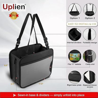 Car Organizer Bag for Back Seat Front Seat or Between Seats Premium PU Leather Hanging Storage Caddy with Tablet Holder Tissue Box Cup Bottle Holders Mesh Pockets for Kids Adults