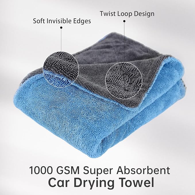 LIVOS Extra Large Car Drying Towel, 25" x 36" 1000GSM Microfiber Towels for Cars, Ultra-Absorbent Scratch-Free, No Streak, Professional Quick Dry Car Detailing Towel, Blue&Grey