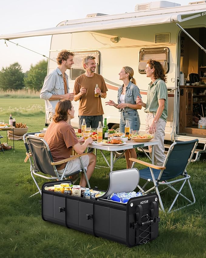 HOTOR Trunk Organizer - 3-Compartment Car Organizer and Storage with Cooler Bag, Foldable Car Storage Organizer for SUV with Handles & Strap for Shopping, Picnic, 33.1" x 13.0" x 11.8", Black