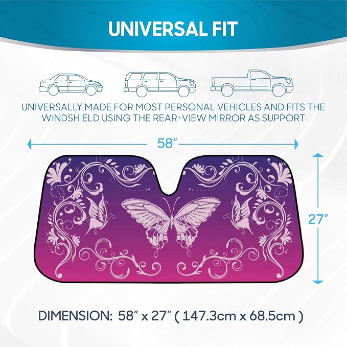 BDK Pink Butterfly Front Windshield Sunshade Accordion Folding Style Auto Shade for Cars Trucks SUVs Vans Blocks UV Rays Sun Visor Protector Easy Setup Keeps Your Vehicle Cool 58" x 27"