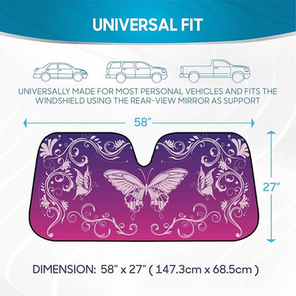 BDK Pink Butterfly Front Windshield Sunshade Accordion Folding Style Auto Shade for Cars Trucks SUVs Vans Blocks UV Rays Sun Visor Protector Easy Setup Keeps Your Vehicle Cool 58" x 27"