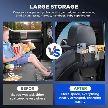 Car Headrest Backseat Organizer with Cup Holder,3 in 1 Backseat Cup Holder, Storage Box Organizer & Hooks for Car, for Hold Phone,Snacks, Drinks, Handbag, Compatible with Most Vehicles Black 1pcs (1)