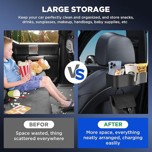 Car Headrest Backseat Organizer with Cup Holder,3 in 1 Backseat Cup Holder, Storage Box Organizer & Hooks for Car, for Hold Phone,Snacks, Drinks, Handbag, Compatible with Most Vehicles Black 1pcs (1)