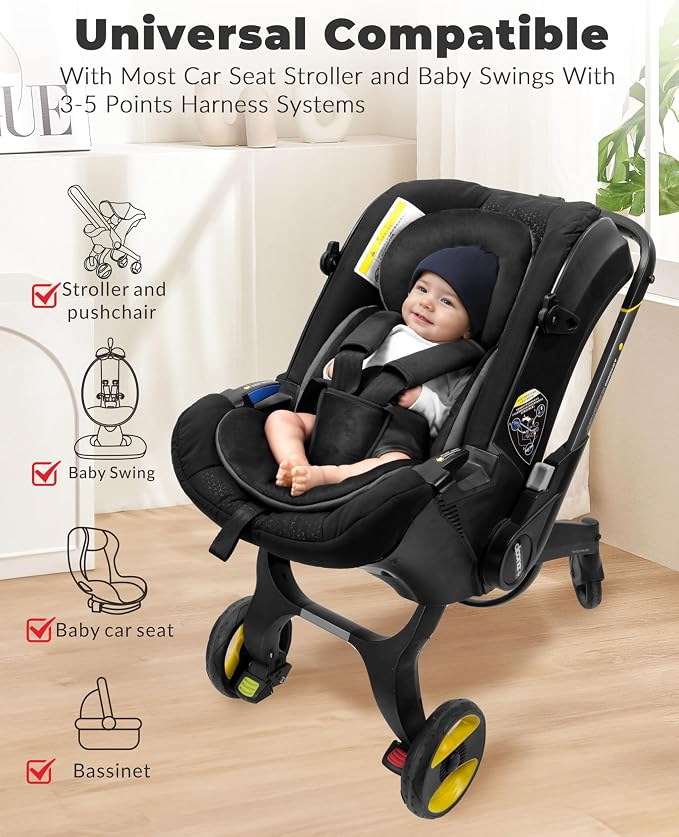 TinlyFinly Infant Car Seat Insert with Removable Cushion for Preemie to Toddler, Reversible Newborn Carseat Insert for Baby Head Body Support, Fits for Stroller, Baby Swing, Bouncer (Pure Black)