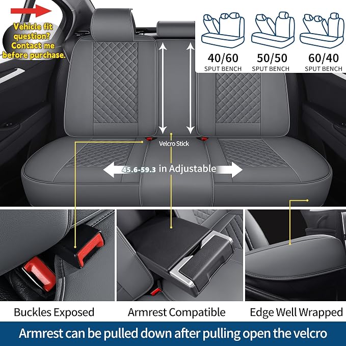 Car Seat Covers Full Set, Grey Leather Seat Covers, Breathable Front and Back Car Seat Protectors, Wear-Resistant Seat Covers Universal Fit for Most Cars SUV Truck (Grey-Diamonds, Full Set)
