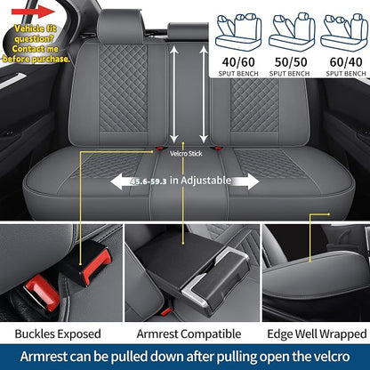 Car Seat Covers Full Set, Grey Leather Seat Covers, Breathable Front and Back Car Seat Protectors, Wear-Resistant Seat Covers Universal Fit for Most Cars SUV Truck (Grey-Diamonds, Full Set)