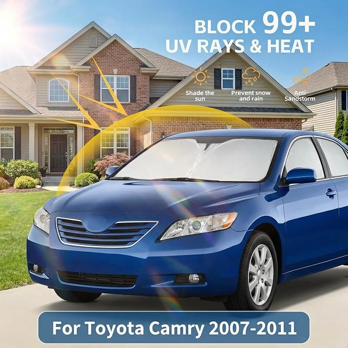 for Toyota Camry Windshield Sun Shade 2007-2011, Double Layer 240T Front Window UV Blocking Visor, Custom Fit Foldable Car Sunshade for Summer
