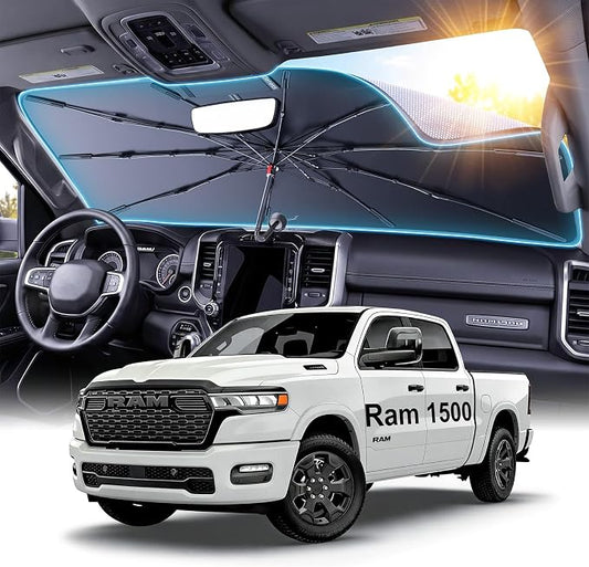 for Ram 1500 Windshield Sun Shade Umbrella [10-Rib Anti-Sagging, 100% Full Cab UV Block] Custom Fit Foldable Sunshade with Fast Storage Bag, for Ram 1500 (2011-2025)