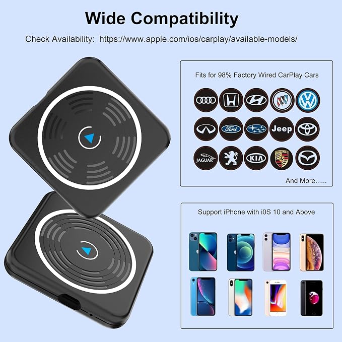 CarPlay Wireless Adapter, Wireless CarPlay Adapter for iPhone Converts Wired to Wireless CarPlay Dongle, Plug & Play Fit for Factory OEM Wired Apple CarPlay Cars from 2016 & iPhone iOS 10+