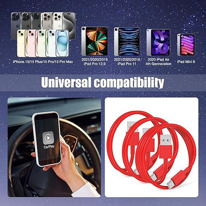 3-Pack Red [3.3FT+3.3FT+6FT] USB A to USB C Cable，USB to USB C Car Carplay Cable for iPhone 16 15 Pro Plus Pro Max，for iPad Pro/Air/Mini，for Samsung S24/S23/S22/S21，for MacBook Pro/Air and More