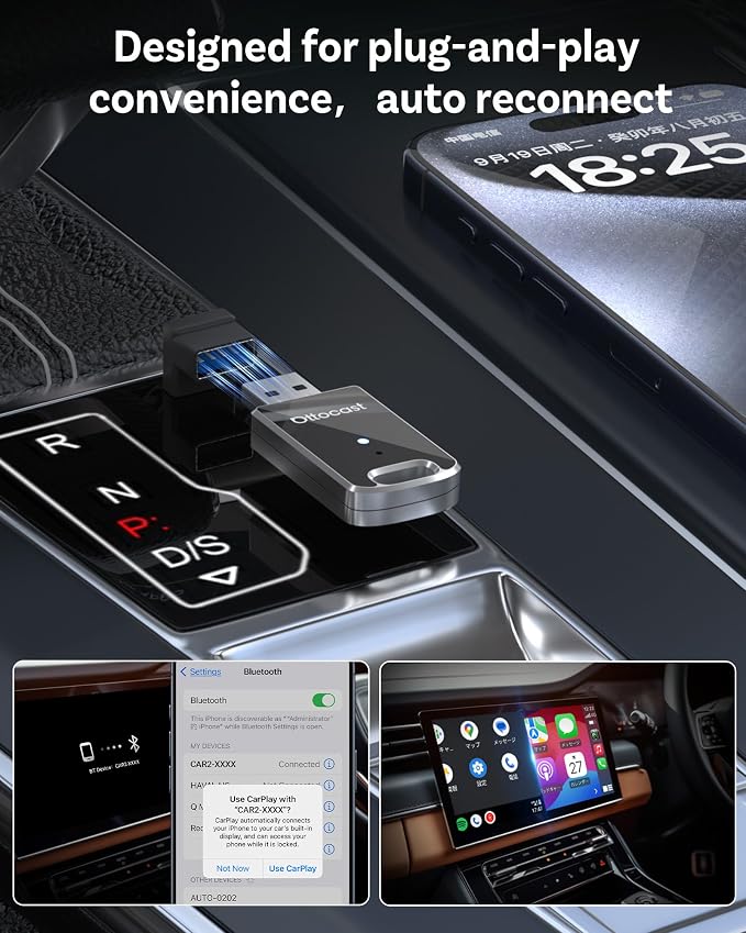 OTTOCAST Mini Edge 2025 Wireless Carplay Adapter & Android Auto Wireless Adapter for Apple iPhone Samsung Android Phone 2-in-1, USB Car Accessories, 5 GHz Wi‑Fi Bluetooth 5.0 Voice Control Plug & Play