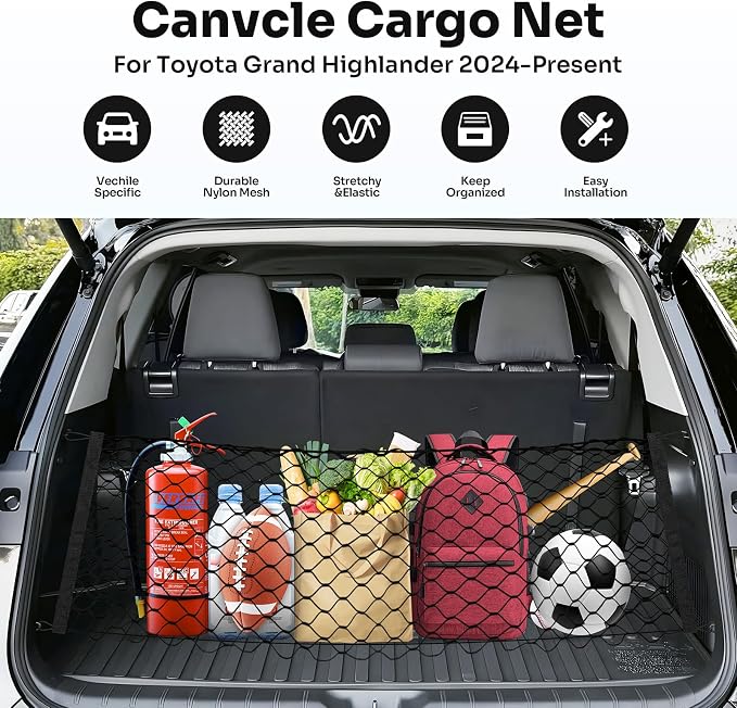 Canvcle Trunk Cargo Net for 2024-2025 2026 Toyota Grand Highlander Accessories Envelope Style Mesh Trunk Net Organizer and Storage Stretchable Adjustable Elastic Nylon Rear Cargo Netting with Hooks