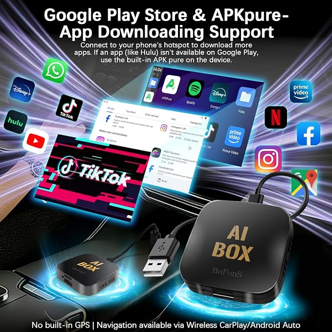 AI Box Carplay, Ai Magic Box for Streaming Netflix/YouTube/TikTok, Car Play Wireless Adapter Supports for iPhone & Android Auto, Plug & Play, for Cars with OEM Wired CarPlay/Android Auto
