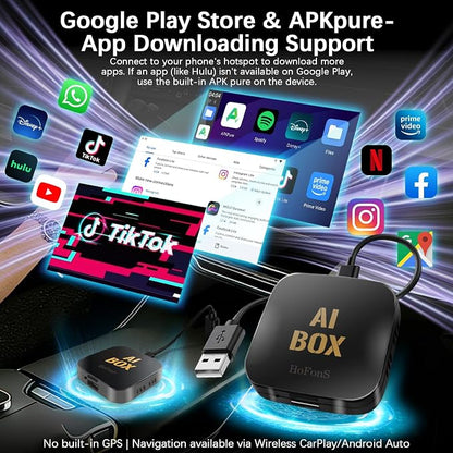 AI Box Carplay, Ai Magic Box for Streaming Netflix/YouTube/TikTok, Car Play Wireless Adapter Supports for iPhone & Android Auto, Plug & Play, for Cars with OEM Wired CarPlay/Android Auto