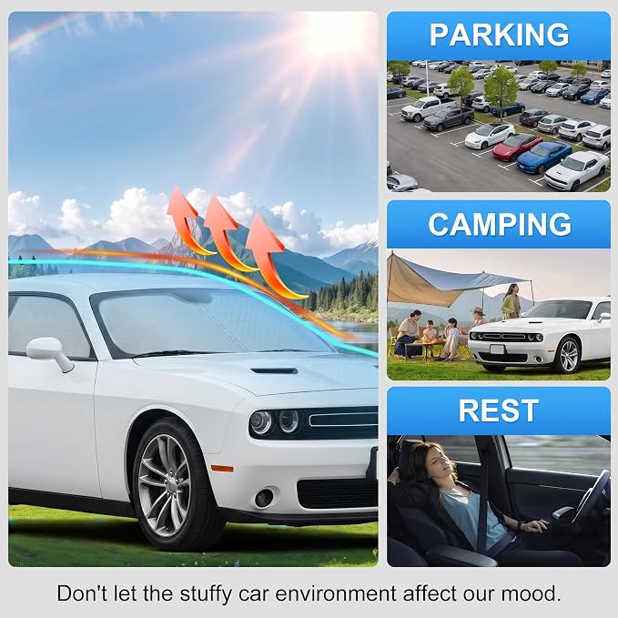Custom Fit Windshield Sun Shade for Dodge Challenger 2015-2026 | Custom Fit Windshield Cover, Blocks UV Rays, Double-Layer Heat Shield, Durable Frame, Easy Fold & Storage
