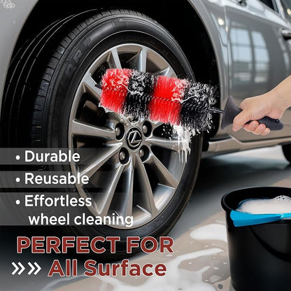 (Upgraded) TAKAVU Premium Wheel & Tire Brush, Long Bristle Detailing Brush for Effortless Rim & Tire Cleaning, Non-Slip Handle, Built-in Knuckle Guard, Deep Reach for Brake Dust & Dirt Removal (Red)
