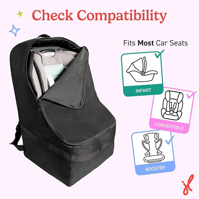J.L. Childress Padded Backpack Car Seat Bag - Car Seat Travel Bag for Airplane, Cover Fits Most Baby & Infant Carriers & Boosters, Airport Accessories for Gate Check or Baggage Check - Ultimate, Black