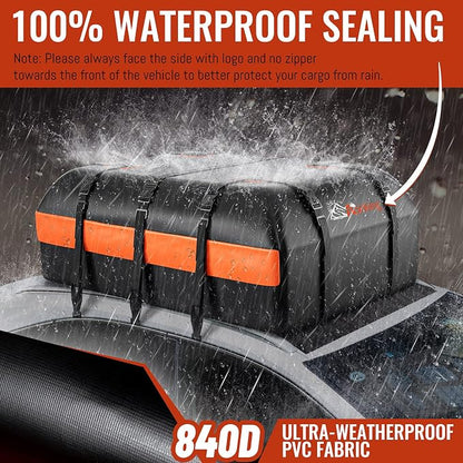 Car Rooftop Cargo Carrier Bag, 21 Cubic Feet 100% Waterproof Heavy Duty 840D Car Roof Bag for All Vehicle with/Without Racks - Anti-Slip Mat, 6 Door Hooks, Storage Bags, 2 Extra Straps, Luggage Lock
