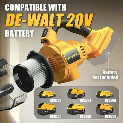 LITEKON Cordless Vacuum Compatible with 𝗗𝗘-𝗪𝗔𝗟𝗧 20V Max Battery (No Battery), Handheld Battery Powered Vacuum Cleaner for Wood Floor, Carpet, Car Cleaning, 125AW (Tool Only)