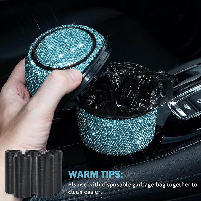 eing Car Trash Can Bling Crystal Auto Mini Trash Bin for Car Office Home Women,Car Cup Holder Garbage Can with Lid,Blue