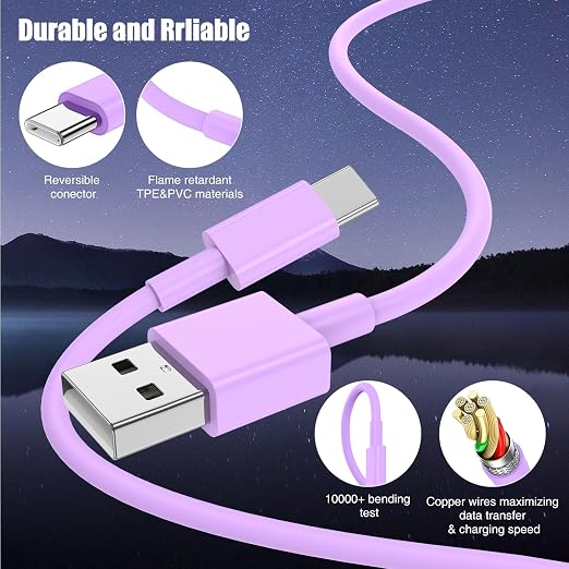 3-Pack Purple [3.3FT+3.3FT+6FT] USB A to USB C Cable，USB to USB C Car Carplay Cable for iPhone 16 15 Pro Plus Pro Max，for iPad Pro/Air/Mini，for Samsung S24/S23/S22/S21，for MacBook Pro/Air and More