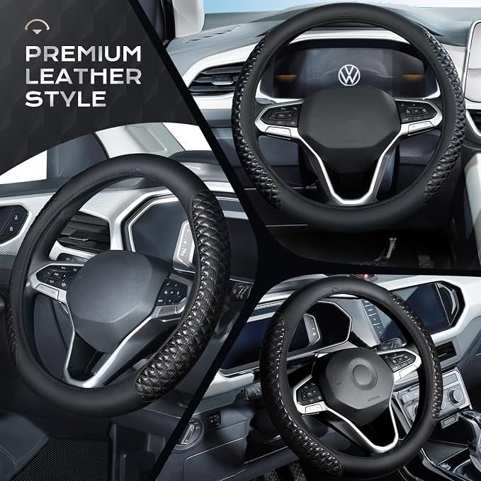 Coverado Nappa Leather Steering Wheel Cover Universal 14-15 Inch Anti-Slip Breathable Steering Wheel Protector Luxury Auto Decor for Men Women Blackline