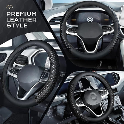 Coverado Nappa Leather Steering Wheel Cover Universal 14-15 Inch Anti-Slip Breathable Steering Wheel Protector Luxury Auto Decor for Men Women Blackline