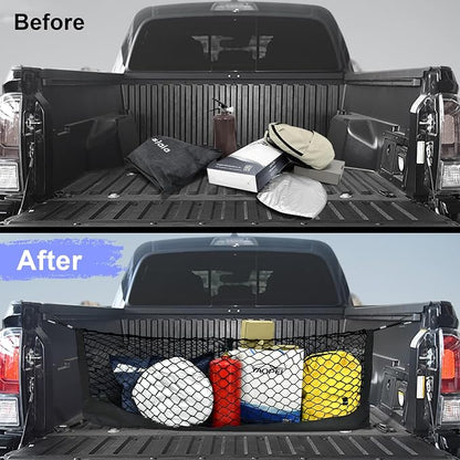 Truck Bed Cargo Net for Toyota Tacoma 2005-2024, Envelope Style Pickup Cargo Net with Storage Bag, Heavy Duty Elastic Mesh Organizer with Carabiners, Secures Groceries & Gear