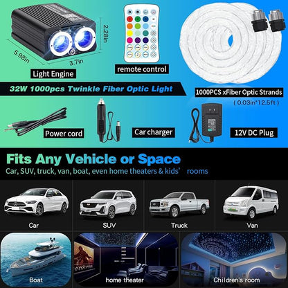 Twinkle Starlight Headliner Light,32W 1000pcs 13.1ft LED Star Ceiling Fiber Optic Light Kit APP/Remote Control for Car/Home/Party