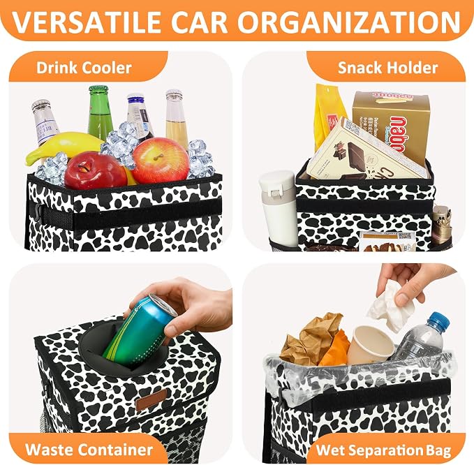 Vankor Car Trash Can for Car Cute,Bag Bin Hanging Waterproof Automotive Garbage Cans Leak Proof Vehicle Trash Can Cow Print
