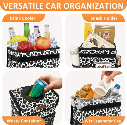 Vankor Car Trash Can for Car Cute,Bag Bin Hanging Waterproof Automotive Garbage Cans Leak Proof Vehicle Trash Can Cow Print